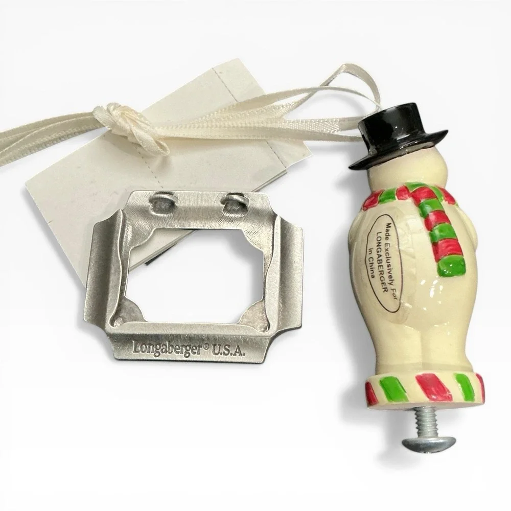 Longaberger Pewter Label Tie On‎ 2003 + Bluster Snowman Knob Set NIB